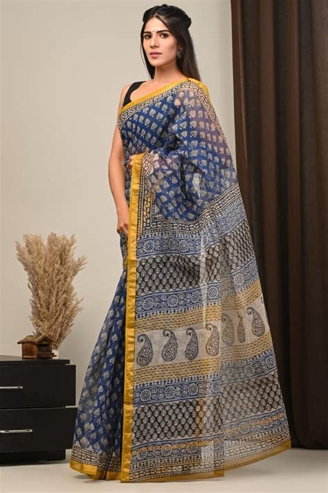 Party Wear Printed Kota Doria Handblock Print Sarees With Blouse Piece