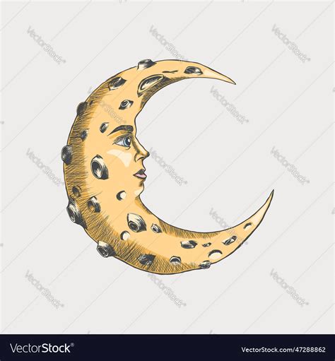 Crescent moon with face and craters color sketch Vector Image