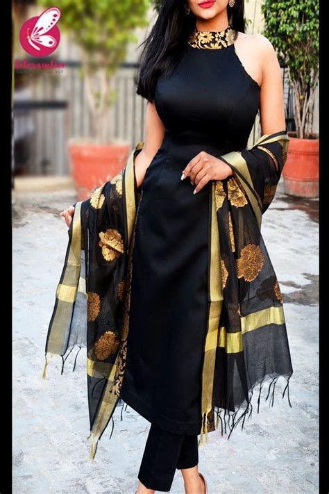 shop black cotton silk golden brocade padded kurti  black cotton