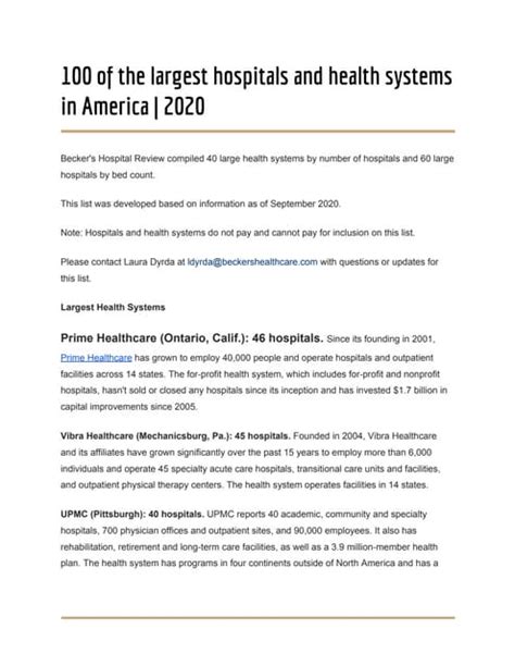 100 Of The Largest Hospitals And Health Systems In America 2020 Pdf