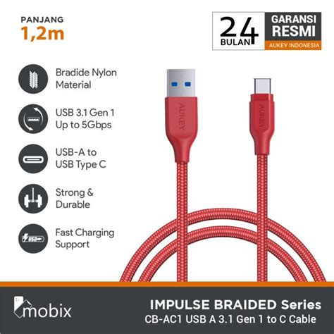 Jual Aukey Cb Ac Braided Nylon Usb Gen To Usb C Cable Red