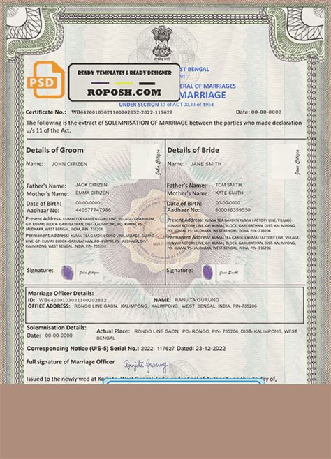india marriage certificate template  psd format fully editable roposh