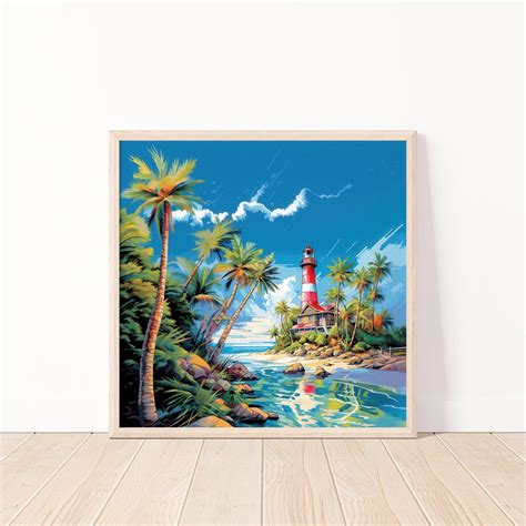 tropical lighthouse beach scene colorful coastal digital art print