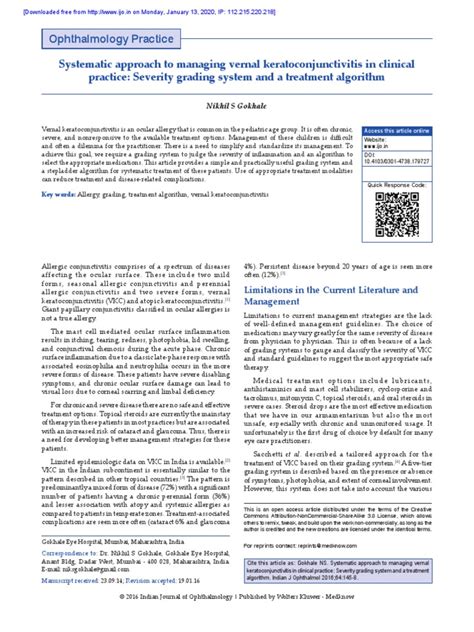 Systematic Approach To Managing Vernal Keratoconjunctivitis In Clinical Practice Severity