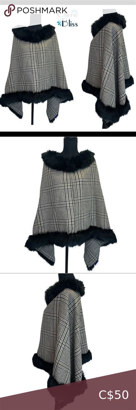 Cherie Bliss Black Cream Faux Fur Trim Houndstooth Cape Shawl Poncho