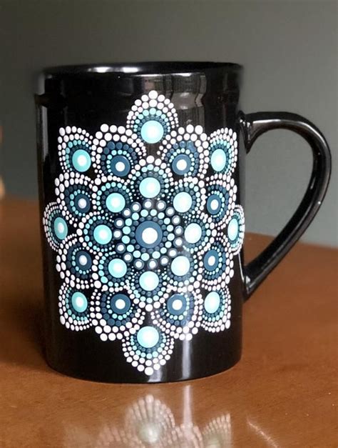 Coffee Cupmug Dot Mandala 16 Oz Hand Painted Turquoise Gray White