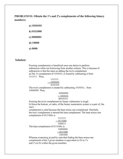 Assignment Of Radix Complements Problem 01 Obtain The 1 S And 2 S Complements Of The