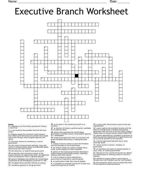 Executive Branch Worksheet Crossword Wordmint