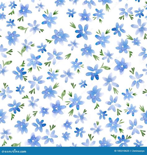 Beautiful Seamless Pattern With Watercolor Gentle Blue Flowers Stock