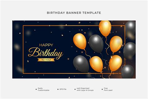 Birthday Banner Golden Black Balloons Graphic by iftikharalam ...