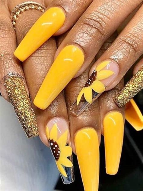 Confident And Vibrant Sunflower Coffin Nails Art Designs In This Summer