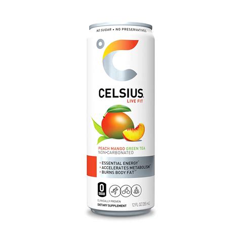 CELSIUS Essential Energy Drink 12 Fl Oz Peach Mango Green Tea Pack Of