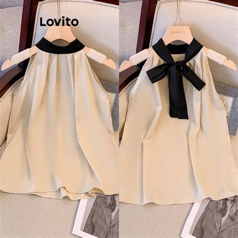 Lovito Women Casual Plain Colorblock Bow Lace Up Tank Top Lne