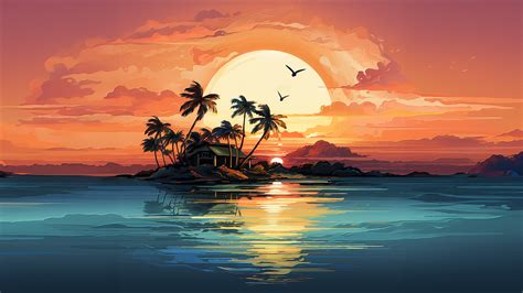 Island House Sunset Scenery Art 4K #2690j Wallpaper PC Desktop