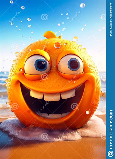 Orange Cartoon Character With Big Eyes And Smile At The Beach