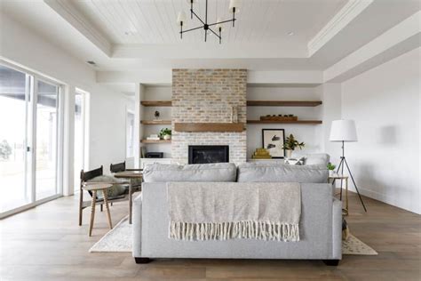 Modern Brick Fireplace With Floating Wood Shelves Soul Lane