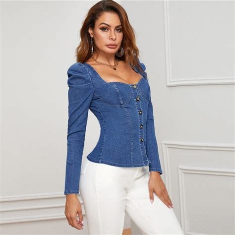 Button Up Puff Sleeve Sweetheart Neck Bustier Denim Shirt Td Mercado