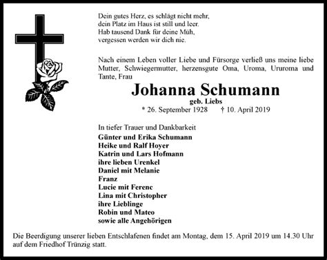 Traueranzeigen Von Johanna Schumann Trauer In Thueringen De