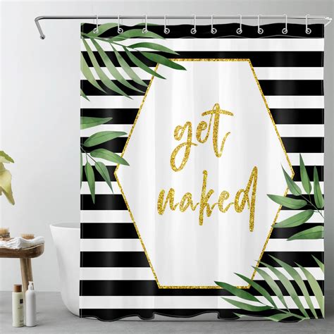 HVEST Get Naked Striped Shower Curtain For Bathroom Gold Lettering Funny Quote And Green Leaf