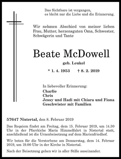 Traueranzeigen Von Beate Mcdowell Rz Trauer De