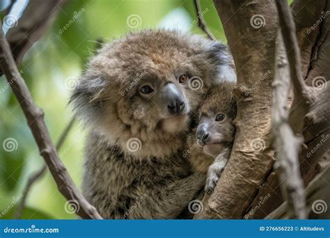 Koala Mutter Mit Jungem Klammern An Ihr Im Koch Eines Baumzweiges Stock