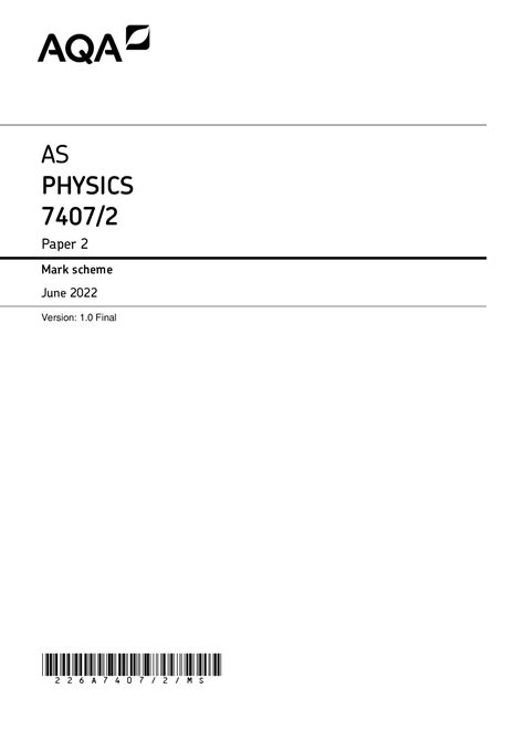 Aqa As Physics Paper Mark Scheme June Version Final