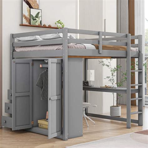 Wood Full Size Loft Bed With Built In Wardrobe Desk Storage Shelves And Drawers Bed Bath