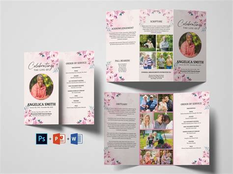 Pink Rose Floral Trifold Funeral Program Template X Funeral Program