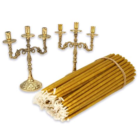 Set Of Brass Byzantine Three Candle Holders And Beeswax Candles