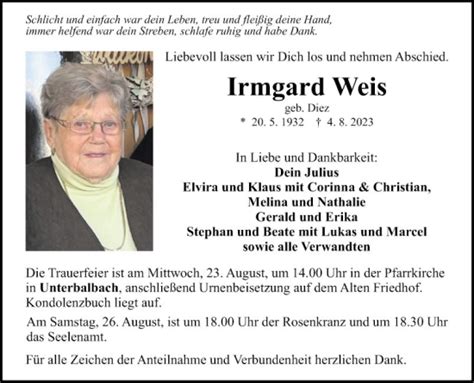 Traueranzeigen Von Irmgard Weis Trauerportal Ihrer Tageszeitung