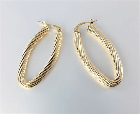 Large Vintage 14k Gold Oval Hoop Earrings Italy Twist By Rmsjewels