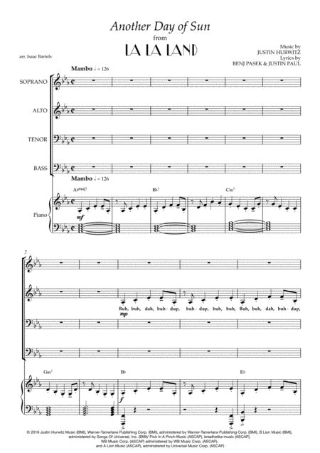 Another Day Of Sun By Justin Hurwitz 4 Part Digital Sheet Music