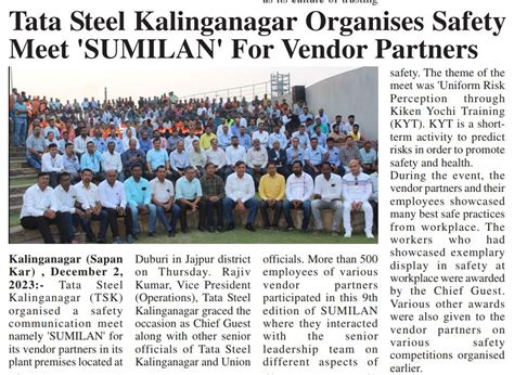 Tata Steel Kalinganagar Organises Safety Meet Sumilan For Vendor Partners