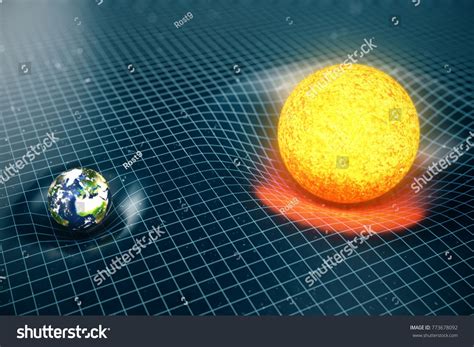 3D illustration Earth's and Sun gravity bends space around it. With ...