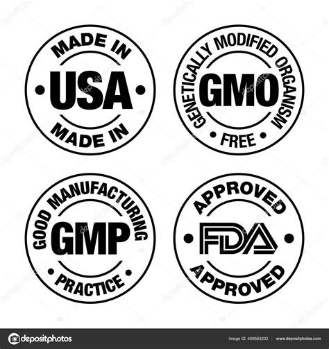 Four Product Badges Made Usa Gmo Free Good Manufacturing Practice Stock