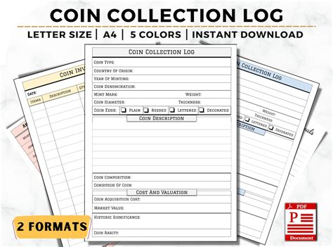 Coin Collection Printable, Coin Inventory Log Book for Coin Collectors, Coin Collection Template ...