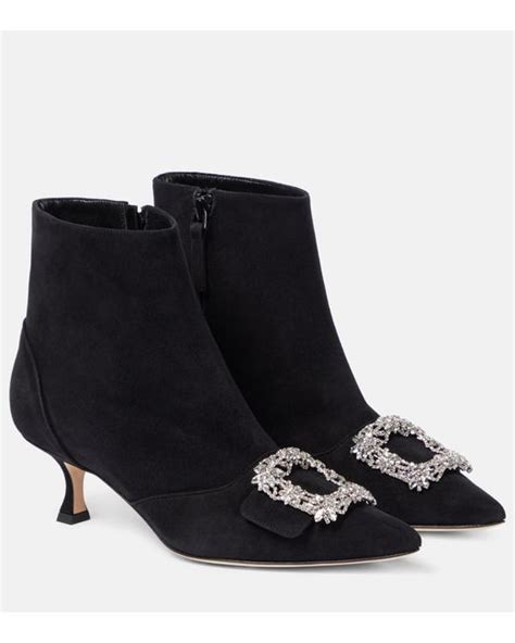 Manolo Blahnik Baylow Embellished Suede Ankle Boots In Black Lyst