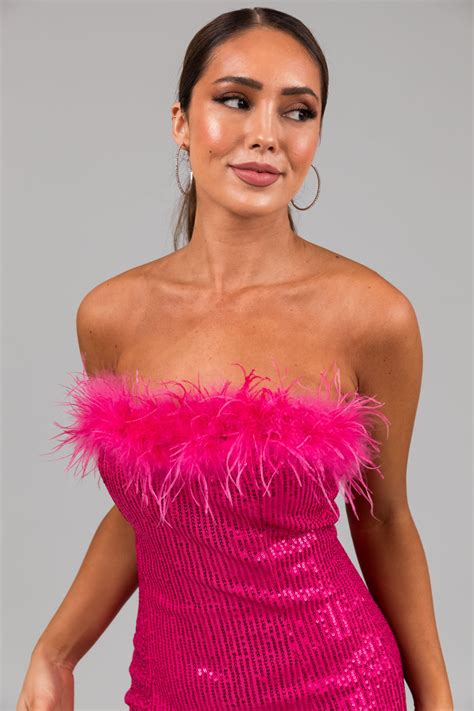 Hot Pink Sequin Feather Strapless Mini Dress Lime Lush Boutique