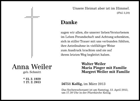 Traueranzeigen Von Anna Weiler Rz Trauer De