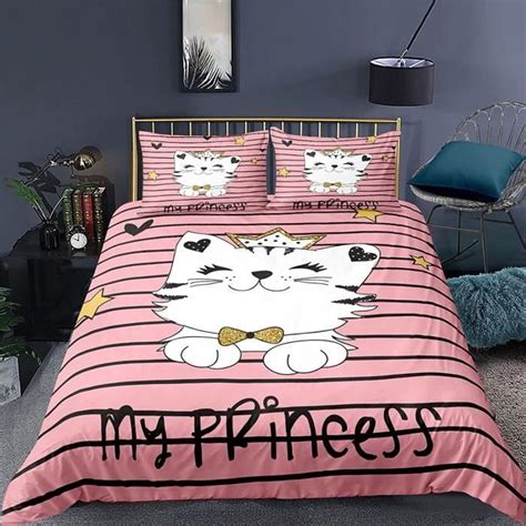 Housse de Couette Dessin Animé Chat Rose Blanc 140x200cm