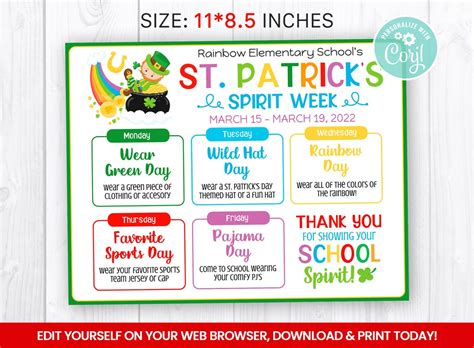 Editable St Patrick S Spirit Week Flyer Itinerary Week Etsy