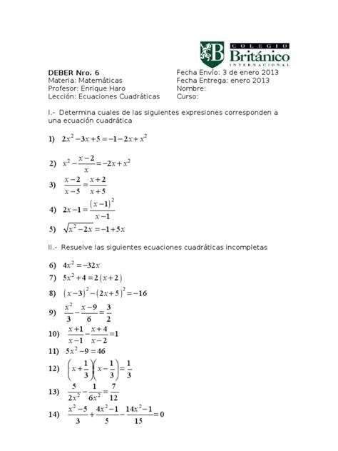 PDF Deber 6 Ecuaciones Cuadráticas DOKUMEN TIPS