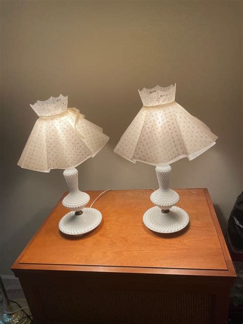 Vintage Pair White Milk Glass Hobnail Table Lamps 1950s Original Shades Working Ebay