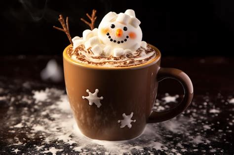 Premium Photo A Mug With Hot Chocolate With Melt Marshmallo And Snowman For Topping Seasonal Drink