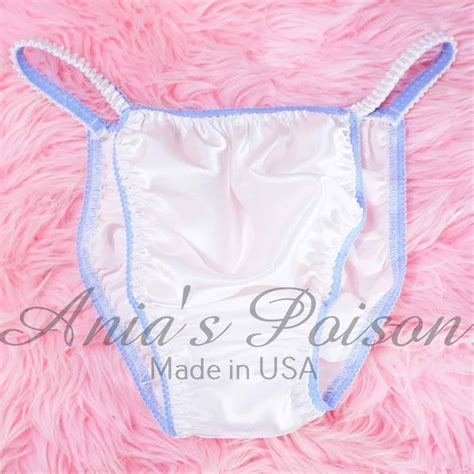 Anias Sissy SATIN White String Bikini Baby Blue Trim Shiny Mens Panties Sz M Ania S Poison