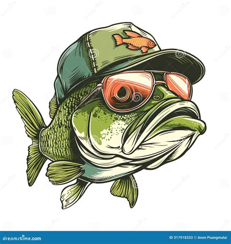 Funny Bass Fish Wearing Cap and Sunglasses in Style of Watercolor