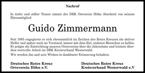 Traueranzeigen Von Guido Zimmermann Rz Trauer De