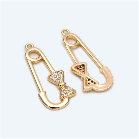 4pcs Cz Pave Safety Pin Charm 26x11mm Gold Plated Brass Charm Pendants