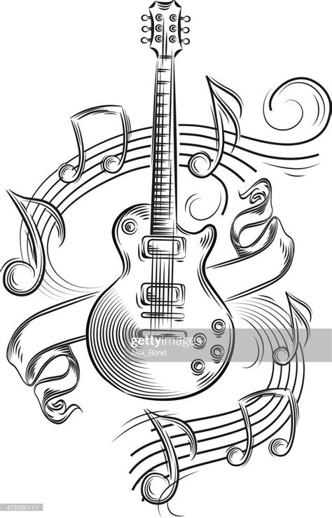 An Electric Guitar With Musical Notes And Trebles Around It On A White