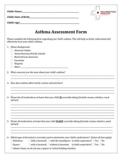 Asthma Assessment Form Wilmington Health Fill Out Sign Online And Download Pdf Templateroller